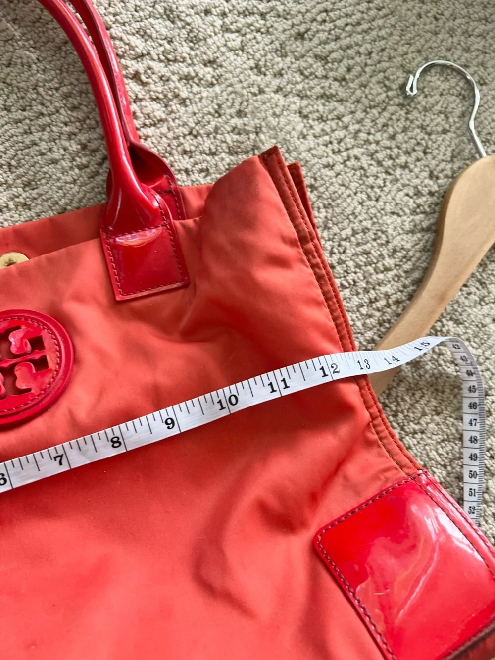 Tory Burch orange Ella tote bag shoulder purse nylon patent leather fall play